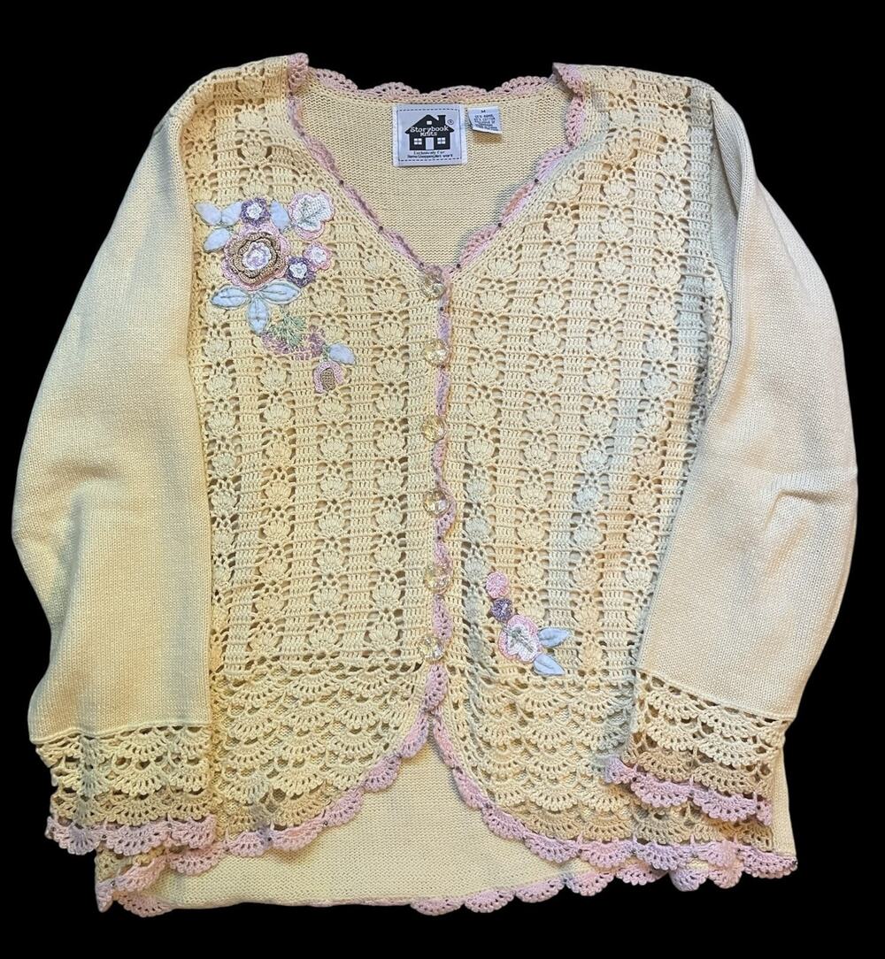 Storybook Knits Women’s Yellow Floral Embroidered Applique Medium Cardigan